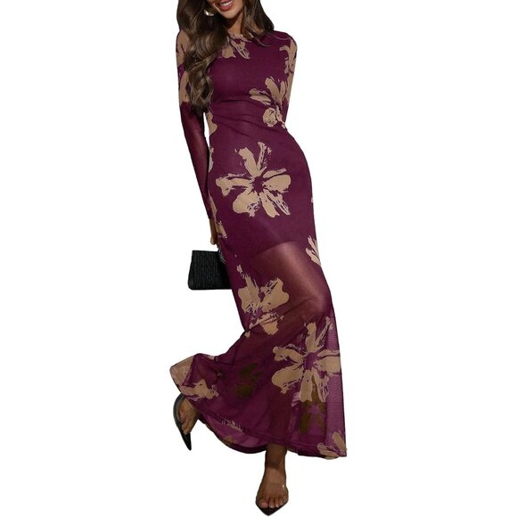Women's Wine Red Floral Mesh Elegant Formal Long Sleeve Cocktail Maxi Dresses